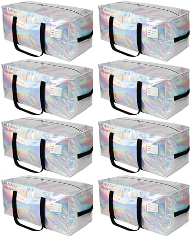 8 Pack Heavy Duty Moving Bags 24-Gallon Extra Large Waterproof Foldable Clothing Storage Totes Bags with Zipper,Reinforced Handles,Packing Moving Boxes for Dorm & Seasonal Storage,Iridescent