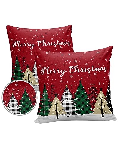 Outdoor Pillow Covers Waterproof, Christmas Tree All Weather Cushion Case Set of 2, Red Snowflake Buffalo Lattice Green Decorative Pillowcases for Sofa Couch Bed Decor Patio Furniture 18