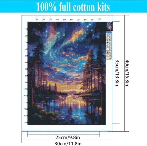 Image of Starry Night Stamped Cross Stitch Kits for Adults - Lake Tree Embroidery Kits for Beginners Adults,11 CT Patterns Dimensions Counted Cross Stitch Kits for Adults Arts Craft 12x16 inch