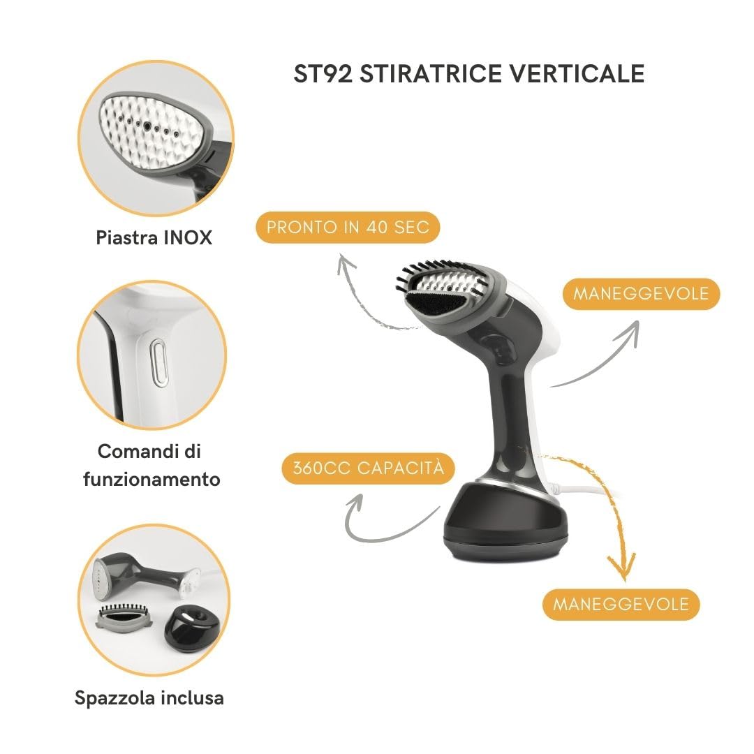 Girmi ST92 Ferro da Stiro Verticale a Vapore da viaggio, Stiratrice,1700 W, Piastra INOX, Capacità 360cc, Funzione Auto-spegnimento, Pronto in 40 sec, Accessori inclusi, Bianco/Grigio