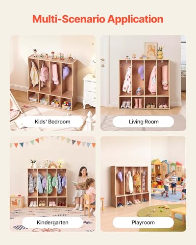 Image of VEVOR 4-Section Coat Locker with Bench, Kids Lockers with 8 Hooks & Non-Slip Mat, Classroom Cubbies for Daycare, Home, Kindergarten- Natural