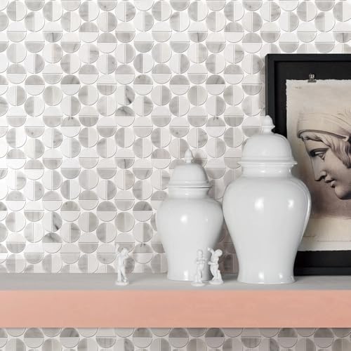 Round Stone and Aluminum Mosaic Wall Tile 5 Sheets,Unique Round Design Stone Mosaic Kitchen Backsplash for Wall Decoration Aluminum Mosaic Walls Tiles 5.36 sq. ft. (White+ Grey+Aluminum)