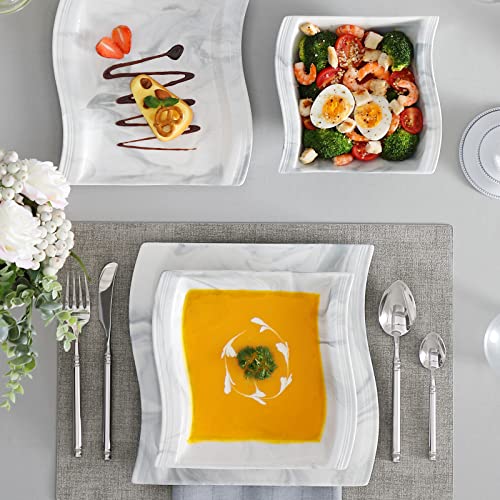 Image of MALACASA Plates and Bowls Sets, 16-Piece Porcelain Dinnerware Sets for 4, Square Dish Set with Plates and Bowls, Modern Dinnerware Set, Marble Grey Plate Set, Series Flora