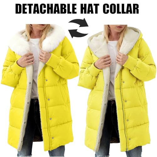 Gubsssl Daunenmantel Damen Warme Winterjacke Lang Steppmantel Pufferjacke Elegant Sportjacke Abnehmbarer Pelzkragen Daunenjacke Winter Jacke Frauen Wintermantel Dick Mantel Outdoorjacke Gelb XL