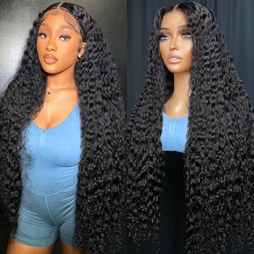 Jilho 30 Inch Water Wave Lace Front Wigs Human Hair 13x6 HD Lace Frontal Wigs Pre Plucked Glueless Brazilian Curly Human Hair Wig 200 Density Glueless Frontal Wigs for Women