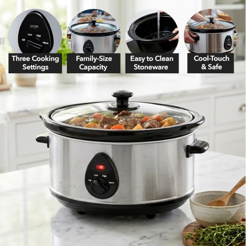 Image of OVENTE 3.7 Qt Electric Slow Cooker, 3 Heat Settings, Silver SLO35ABR