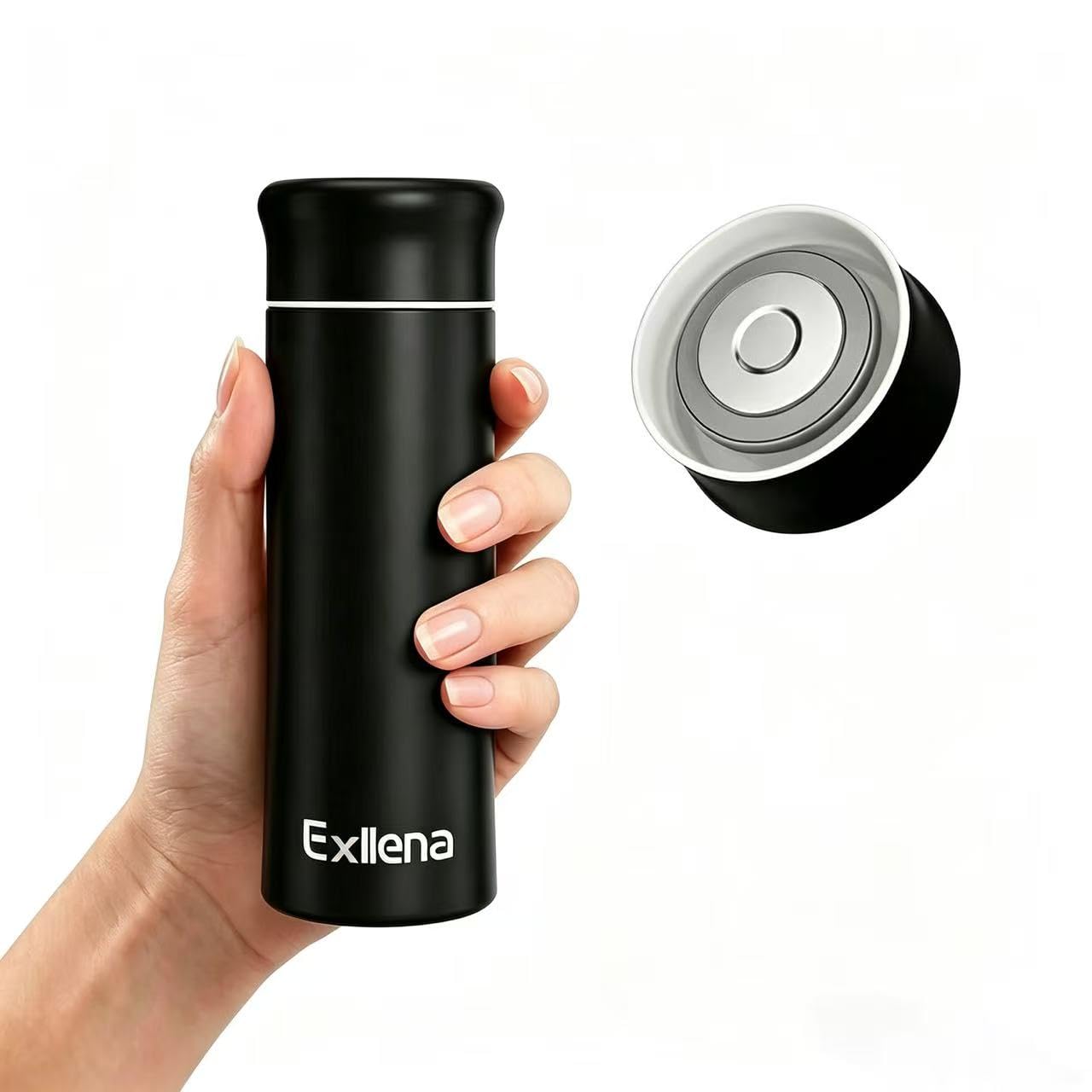 Exllena 250ml Mini Thermal Flask – 100% Leakproof Pocket Travel Mug for Flat White Coffee & Tea – Slim Stainless Steel Small Water Bottle for Handbag, Commute, Milk – BPA Free(Matte Black)