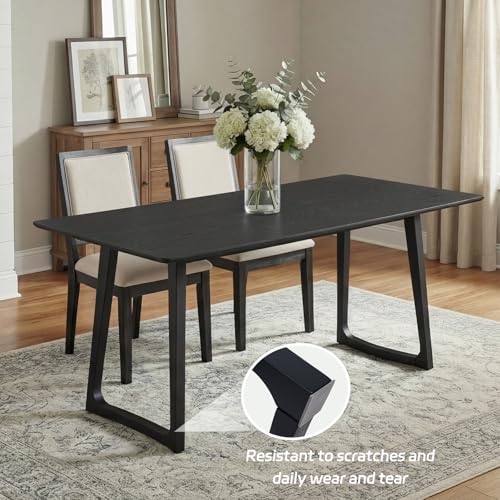 Image of HNY 63 inch Rectangular Wooden Dining Table with 2 Benches, Farmhouse Dining Table Set for 4-6 People, Kitchen Table with Bench, Kitchen Table Set for Dining Room /Restaurant, Black