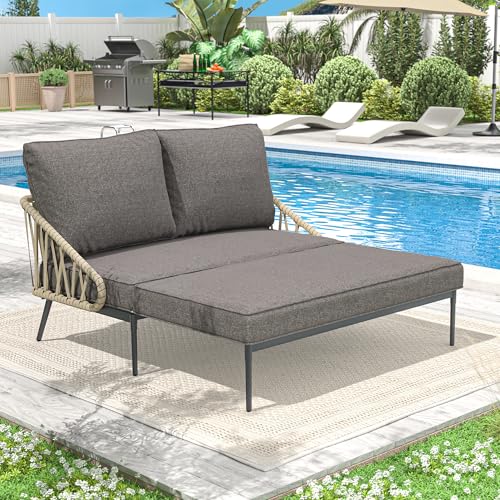 COMLAX FIELD Patio Adjustable Daybed, 2-Person Outdoor Daybed with Cushions and Pillows, Woven Rope...