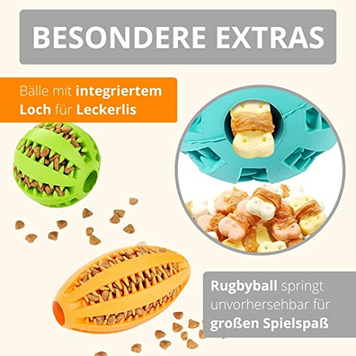 AMATHINGS Hundespielzeug Set Doppelpack Snackball und Snackrugby – Futterspielzeug Hund für intelligentes Spielen – Snackball Hund aus 100% Naturkautschuk – Leckerli Spielzeug für Hunde