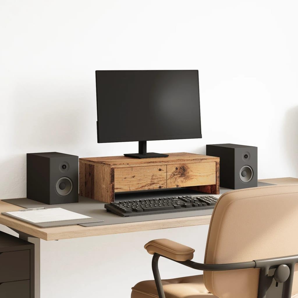 Supporto per monitor con cassetti, effetto legno anticato, 50 x 27 x 15 cm, organizer da scrivania per ufficio, casa, con spazio di archiviazione, superficie ergonomica