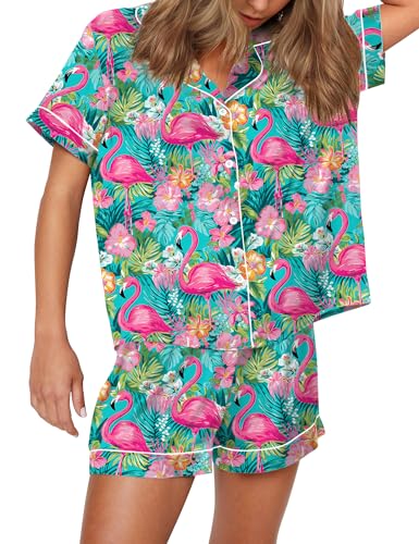 Image of SHESHOW Satin Pajamas for Women Set Preppy Animals Pjs Short Sleeve Shorts 2 Piece Loungewear Sets XS-XXL