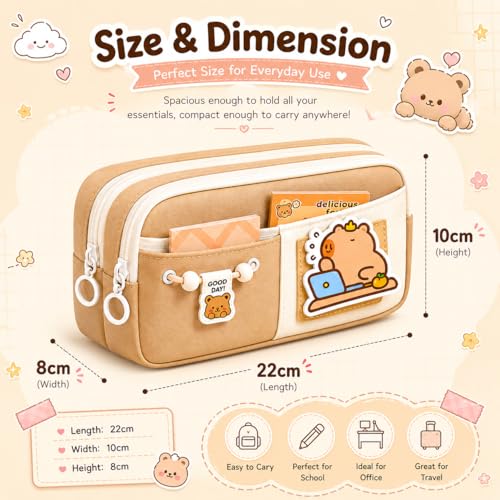 Image of Kawaii Cute Aesthetic Pencil Case 3 Layer 6 Compartment Large Capacity for Students | Pencil Pouch with Zipper | Cartoon Stationery Organizer Bag for Kids, Pencil Case for Girls & Boys (Brown)