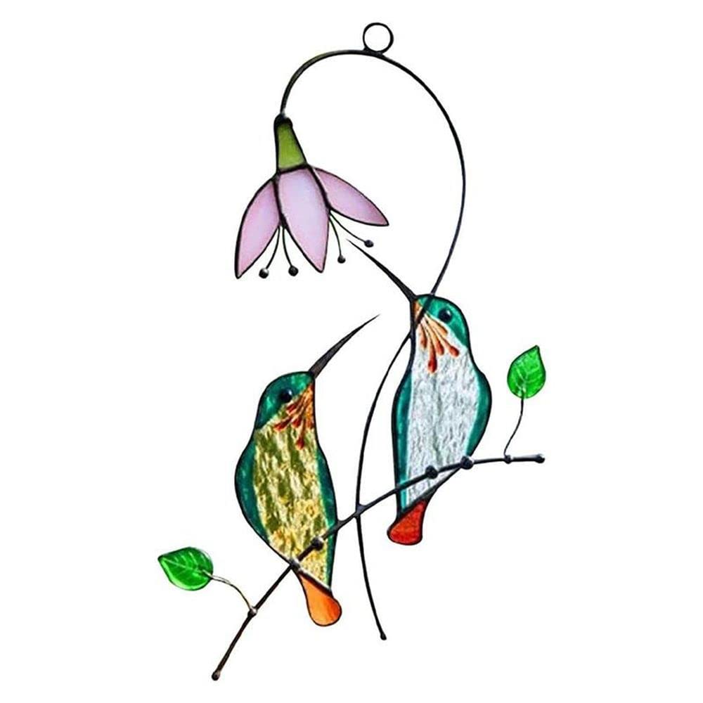 HomeSoGood Hummingbird Stained Glass Window Hangings Suncatcher Garden Birds Window Panel Decor 4.9x7.6inch Gift for Lover Mom Friends