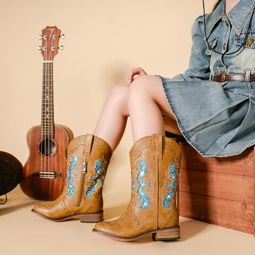 Kids Cowgirl Boots for Girls Western Square Toe Girls Sparkle Boots Zipper Mid Calf Low Heel Horse Riding for Toddler Little Big Kids3