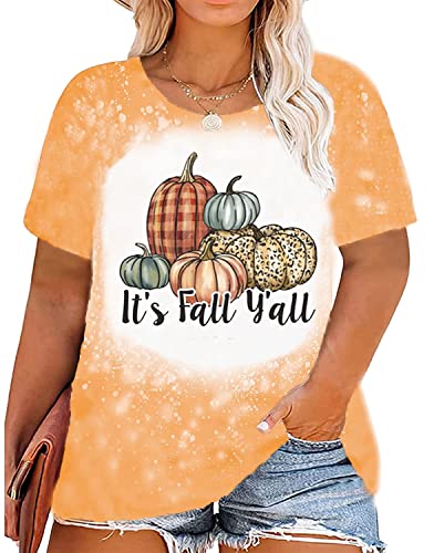 Women's It's Fall Y'all Leopard Pumpkin Bleached T-Shirt | Vintage Halloween Thanksgiving Graphic Tee | Orange, Medium