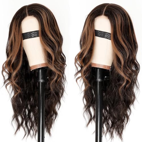 Image of AISI HAIR Dark Brown with Highlights Wig for Women, Long Wavy Lace Hairline Middle Part Synthetic Heat Resistant Wig for Daily Party-26 Inch