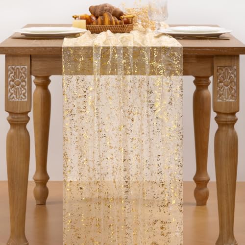 Image of Beige Gold Glitter Table Runner Sheer Gauze Foil Table Runner 120 Inch