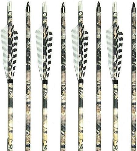HBG Archery 6Pcs 30'' Camo Pure Carbon Arrows Hunting 7.8mm Shaft Spine 350 4'' Stripe Turkey Feather Screw Tips Arrows for Compound Recurve Bow Target Shooting