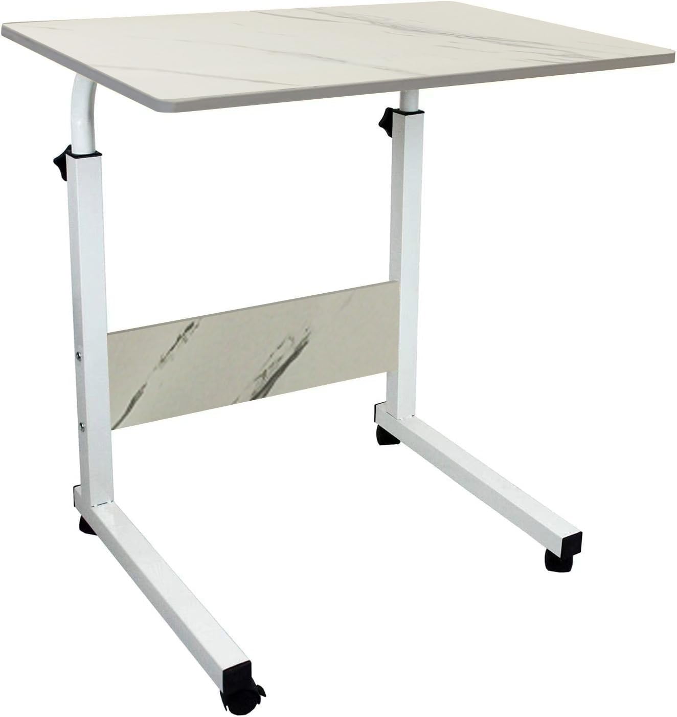 simpa Height Adjustable Mobile Laptop Table Workstation with Metal Frame & Rolling Castors - White Marble