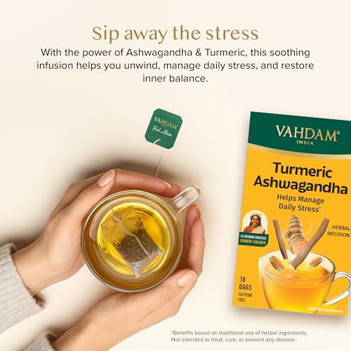 Image of VAHDAM Turmeric Ashwagandha Infusion - 36 Bags | Helps Manage Daily Stress | Individually Wrapped Eco-Friendly Bags | With Lemongrass, Licorice & Black Pepper