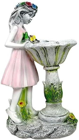 Flower Fairy LED Solar Lamp Eco-Friendly Resin Bird Bath Girl Garden Sculpture