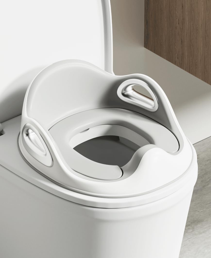 Asiento de inodoro de entrenamiento para niños y niñas con asas galvanizadas, diseño antideslizante y protector contra salpicaduras, cojín de asiento de silicona desmontable mejorado, adecuado para