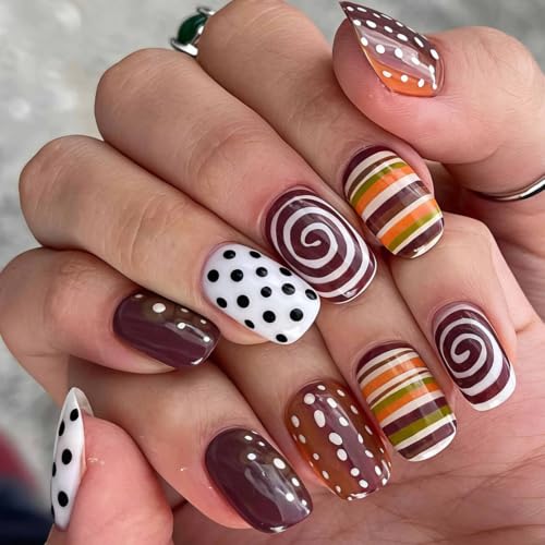 Image of Fall Press on Nails Polka Dot Nails Press ons Short Square Fake Nails 24Pcs | with Stripe Design Glossy False Nails for Women Winter Manicure,Reusable,Full Cover,Easy Apply