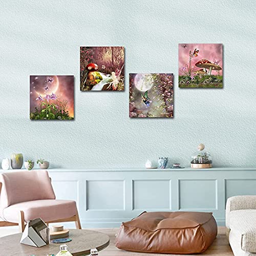 Qtespeii Fantasy Fairy Tale Wall Art 4 Pieces Pink Flowers And Colorful Butterfly Paintings Canvas Prints Modern Poster For Girls Bedroom Nursery Decor Unique Gifts For Daughter 12"X12" Per Framed #TOP2