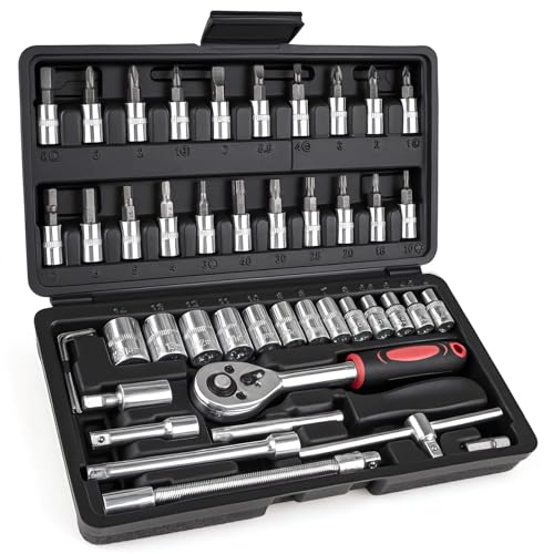 nkpyln 46PCS 1/4 Inches Ratchet Socket Wrench Set, Metric Socket Ratchet Wrenches Set, Ratcheting Wrench Tool Sets for Men, Premium Small Car Tool Kit for Automotive, Household Maintenance and Repairs
