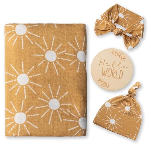 Image of Miaoberry 100% Organic Sunshine Baby Muslin Swaddle Blankets for Boy or Girl with Hat and Wooden Hello World Newborn Sign, Gender Neutral Newborn Photography Outfits, Unisex Birth Announcement Sign