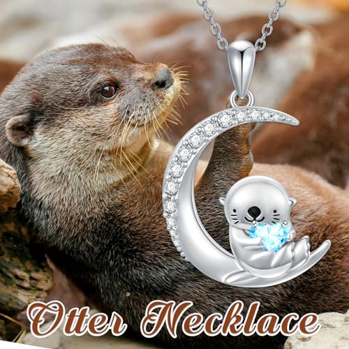 Image of PROESS Animal Birthstone Necklace 925 Sterling Silver Otter /Axolotl /Hippo /Elephant /Dachshund /Monkey /Red Panda Pendant Necklace Animal Birthstone Jewelry Gifts for Women