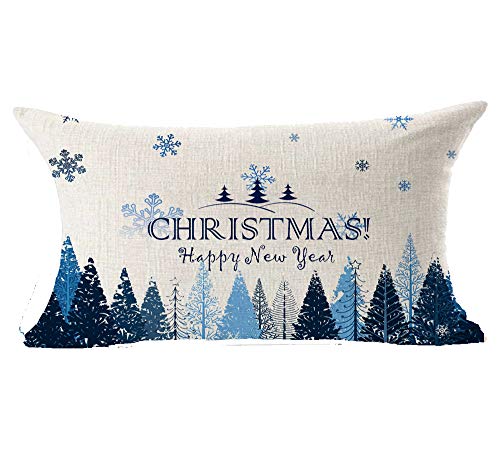 Bnitoam Set Of 2 Merry Christmas Happy New Year Blue Snowflake Pine Cotton Linen Lumbar Pillowcase Decorative Throw Pillow Cover Cushion Case For Bed Couch Office Family12X20 Inch #TOP1