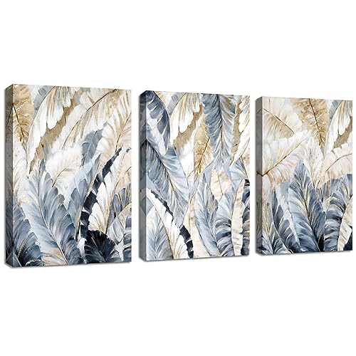 FajerminArt 3 Pieces Abstract Feathers Canvas Wall Art Gold Grey Feather Pictures Painting on Canvas Prints for Living Room Bedroom Office Wall Decor Ready To Hang Stretched On Frame 40x60cmx3 Pcs