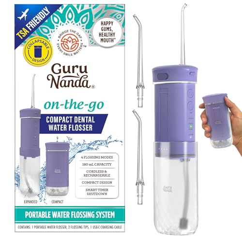 GuruNanda Compact Water Dental Flosser, Portable Travel Size Oral Irrigator Flosser with Collapsible...