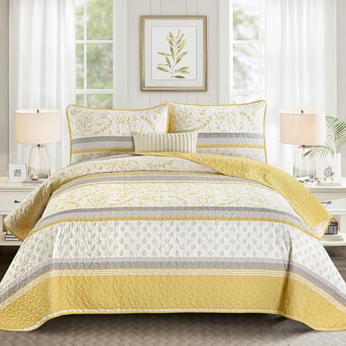 DJY Gestreiftes Steppdecken-Set für Queen-Size-Bett, gelb-grau, Boho, gestreift, Patchwork, Blätter, bedruckt, Tagesdecke, Überwurf-Set, weiche, leichte Mikrofaser, gestepptes Bettwäsche-Set für alle