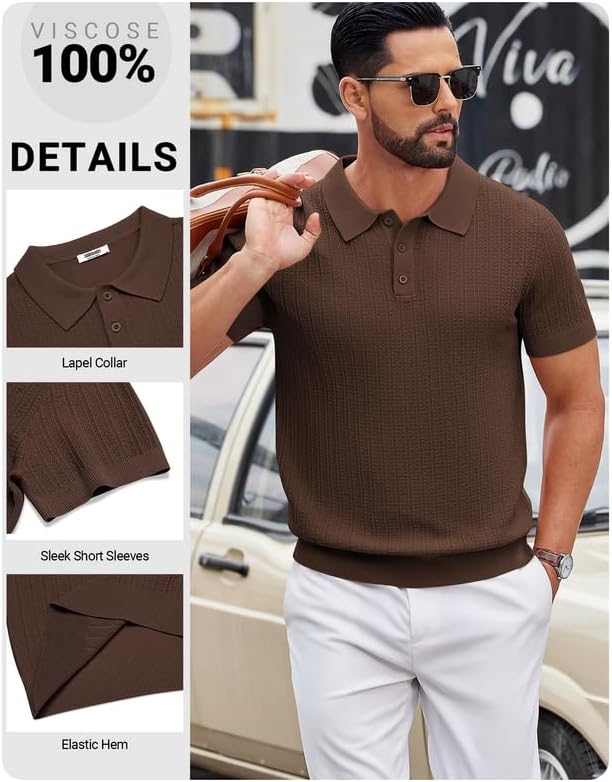 COOFANDY Mens Knit Polo Shirts Short Sleeve Slim Fit Textured Golf Polo Shirt Casual Summer Vacation T-Shirts - Image 5