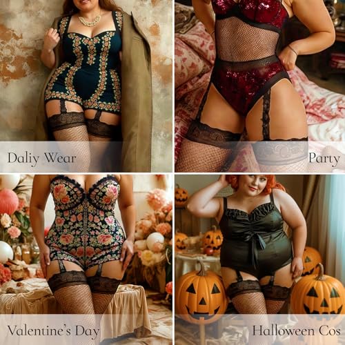 Thigh High Stockings Plus Size, Lace Top Plus Size Fishnet Stockings for Women,Suspender Pantyhose Thigh Highs Fishnet for Curvy Women,Large Valentine's Day Dress (Black)4