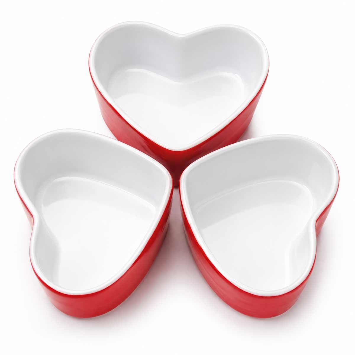 myGrtfam Ceramic Heart Shaped Bowls Set of 3, 450ml Small Red & White Baking Dishes, 3-Piece Porcelain Ramekin Bowls for Soufflé, Dessert, Snacks, Pasta Bakes & Pie, Oven, Microwave & Dishwasher Safe