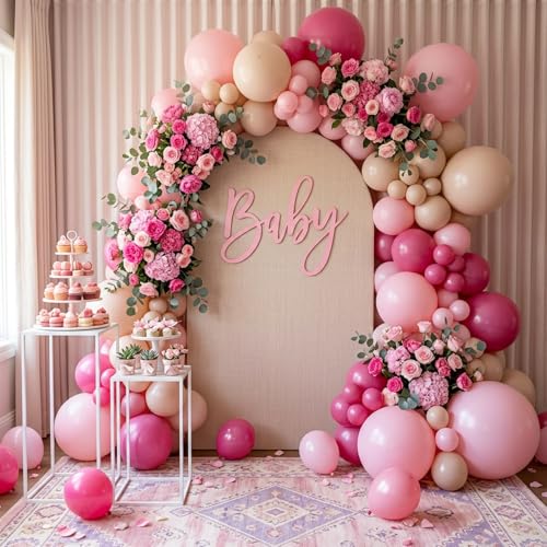 Image of RUBFAC Baby Pink and Hot Pink Balloons 129pcs Different Sizes Pack of 18 12 10 5 Inch, Latex Magenta Pastel Pink Balloon Garland Arch Kit for Birthday Wedding Anniversary Baby Shower Princess Theme