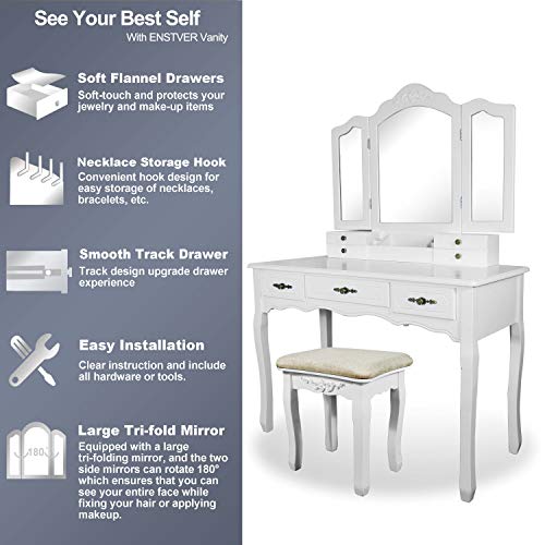 Vanity Beauty Station,Large Tri-Folding Necklace Hooked Mirrors,6 Organization 7 Drawers Makeup Dress Table with Cushioned Stool Set - White