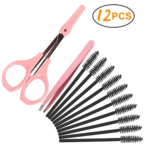 4" Curved Craft Scissors Stainless Steel Unisex Eyebrow Kit Eyebrow Scissors, Slant Tweezers And Eyebrow Brush for Eyebrow Eyelash Extensions Pink Set