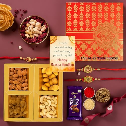 Image of BAY NUT Rakshabandhan Dryfruits Gift Box with 2 Rakhi and greeting card |Pack Of 200G|Combo Pack Of Almonds,Cashews,Raisins,apricot|Festive Celebration of Rakshabandhan