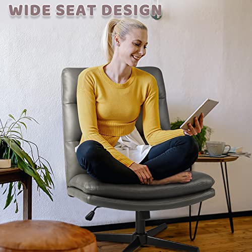 Lemberi Pu-Padded Armless Office Desk Chairs No Wheels, High-Back Wide Seat Home Office Desk Chair, 120°Rocking Cross Legged Computer Task Chairs, Modern Adjustable Swivel Vanity Chair (Dark Grey) #TOP2
