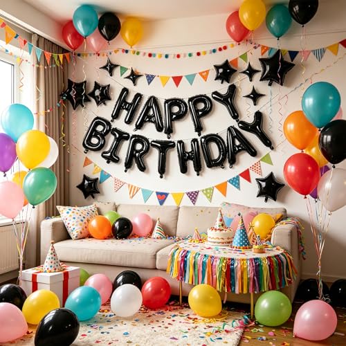 Image of Black Happy Birthday Balloons Banner 16 Inch Mylar Foil Letters, 10 Inch Five & Four Star, Inflatable Party Decor and Birthday Decorations for Women, Men, Boys & Girls Kids and Adults, Party Supplies