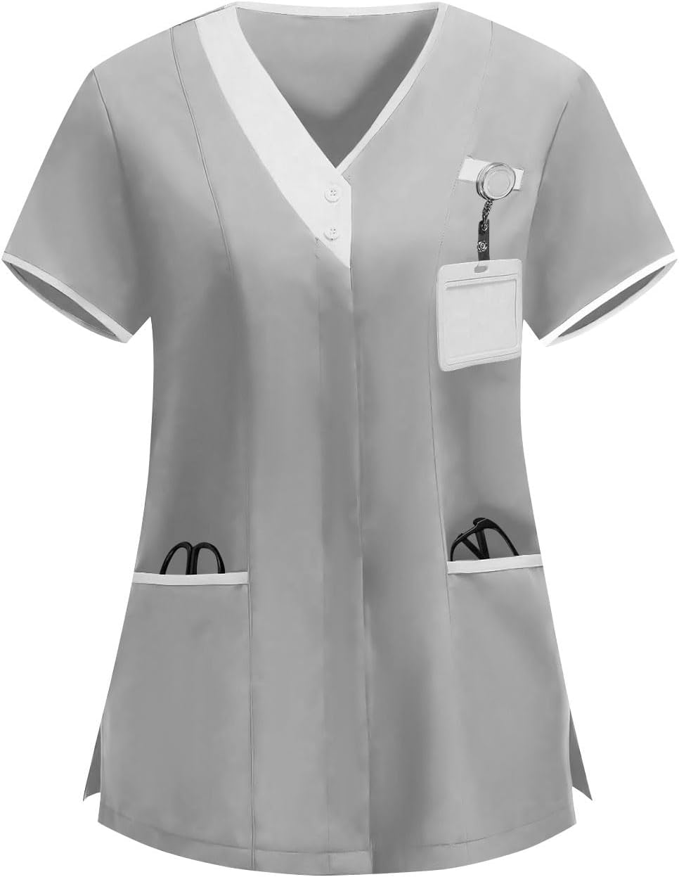 Scrub Tops Women Lightweight Short Sleeve V Neck Button Medical Shirts Cool Stretch Nurse Uniforms with Pockets