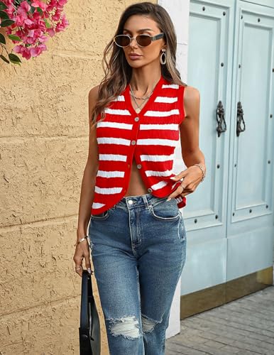 Image of LOOKBOHO Women V Neck Sweater Vest Cable Knit Button Down Striped Tank Top Casual Crochet Knitted Sleeveless Cardigan