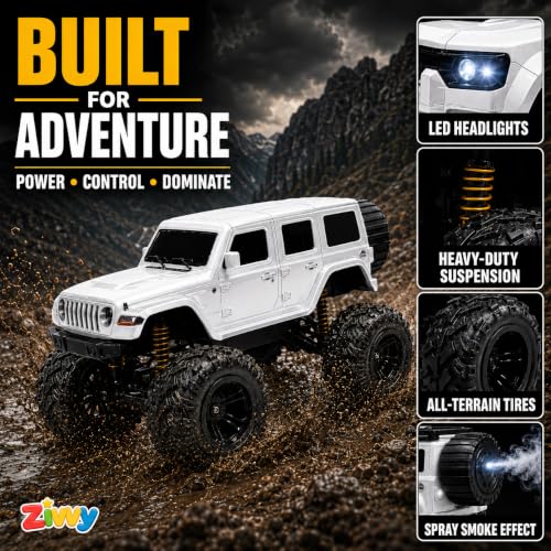 Image of Big White Remote Control Car Toy | Thar Roxx | Smoke and LED Light | Monster Truck Remote Control 4x4 | Rechargeable Car | 2.4G Remote Control | High Speed | 100m Range | Birthday Gift for Kids