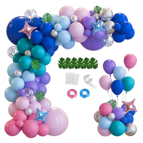 Image of Blue Purple Pink Tropical Summer Balloon Arch Kit Palm Leaves Foil Stars