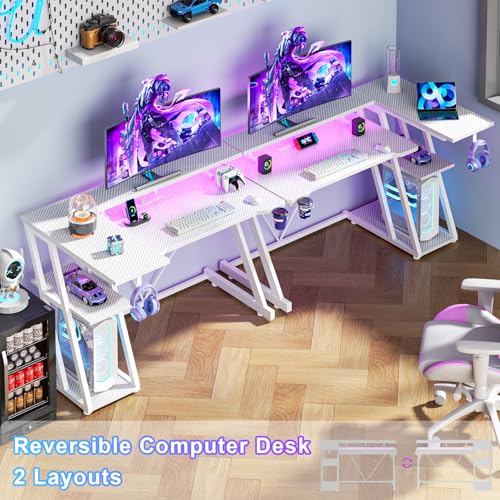 Image of Korfile 40 Inch Gaming Desk with Power Outlet & LED Lights, L Shaped Computer Gaming Table with 3 Tiers Storage Shelves, Corner Gamer Desk with Monitor Stand for Small Space, Carbon Fiber White
